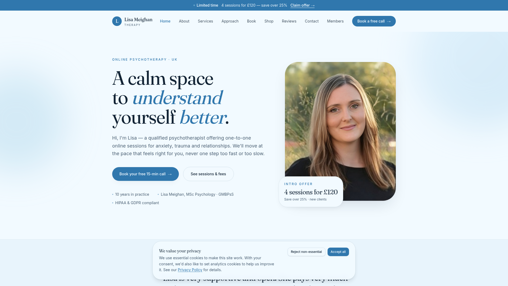 Homepage of Lisa Meighan Therapy showing a calm hero with the headline 'A calm space to understand yourself better.'